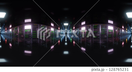 Futuristic Data Center with Colorful Server Racks 360 vr panorama 128765231