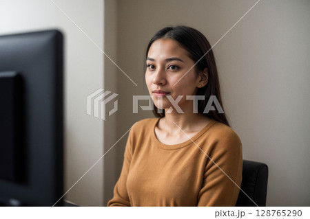 Focused Young Woman at Computer in Minimalistic Workspace 128765290