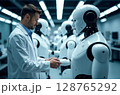 Humanoid robot facing a man in a futuristic laboratory. Concept of AI, automation, and robotics innovation. Image generated by AI 128765292