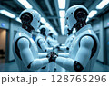 Humanoid robots facing each other in a futuristic laboratory, holding hands as a symbol of artificial intelligence, technology collaboration, and human-like robotics. Picture generated by AI 128765296