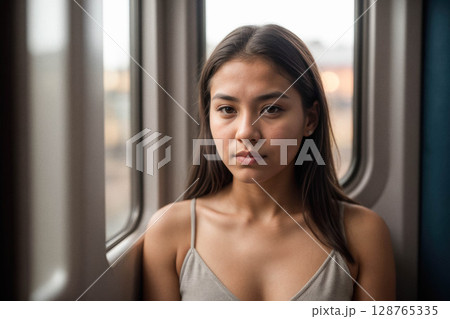 Contemplative Young Woman by Train Window 128765335