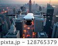 Modern drone flying over a cityscape at sunset. Aerial photography and videography technology in an urban environment. Image generated by AI 128765379
