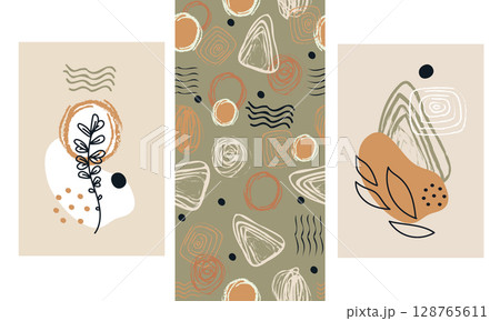 Boho Abstract vertical Posters and Seamless Pattern Set vector 128765611