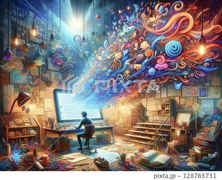男性が操作するパソコンのデジタルアートから広がる創造力とアイデアの世界 128765731