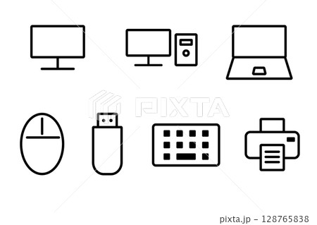 パソコンと周辺機器の白黒アイコンイラストセット 128765838