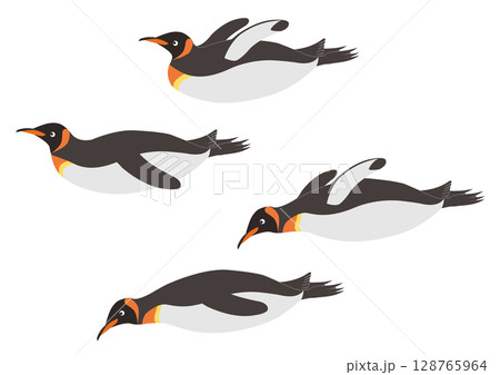 滑ったり泳ぐオウサマペンギンのイラストのセット 128765964