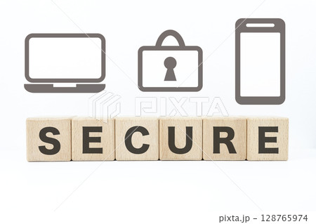情報セキュリティと安全対策のイメージ。SECUREの文字。 情報セキュリティと安全対策のイメージ。SECUREの文字。 128765974
