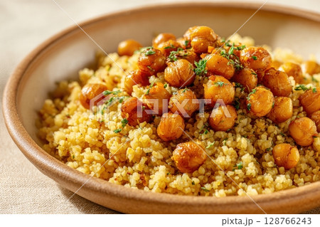 Cooked Bulgur with Roasted Chickpeas and Herbs in Ceramic Bowl 128766243