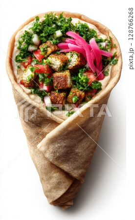Photorealistic Middle Eastern Falafel Wrap with Hummus and Tabbouleh 128766268