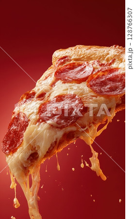 Pepperoni Pizza Slice with Melting Cheese on Red Background Pepperoni Pizza Slice with Melting Cheese on Red Background 128766307