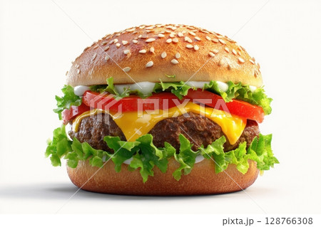 Photorealistic Gourmet Burger with Lettuce, Tomato, Cheese on White Background Photorealistic Gourmet Burger with Lettuce, Tomato, Cheese on White Background 128766308