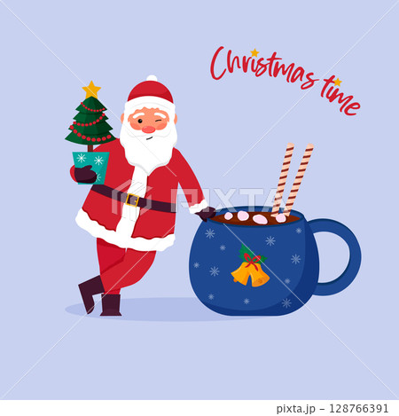 A cheerful Santa Claus winks while holding a Christmas tree and leaning on a mug of hot chocolate. Holiday card design. Happy winter holidays. Christmas and new year. A cheerful Santa Claus winks while holding a Christmas tree and leaning on a mug of hot chocolate. Holiday card design. Happy winter holidays. Christmas and new year. 128766391