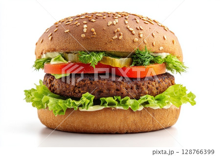 Delicious Plant-Based Burger with Vegan Patty and Fresh Toppings 128766399