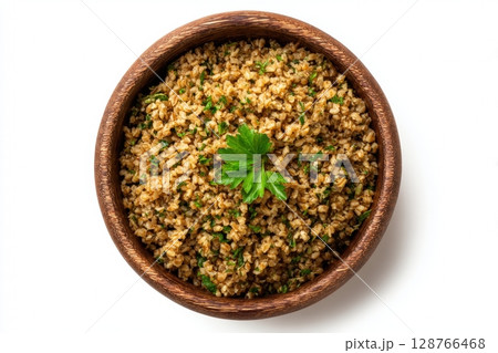 Top-Down View of Rustic Bowl with Cooked Freekeh and Parsley Garnish Top-Down View of Rustic Bowl with Cooked Freekeh and Parsley Garnish 128766468