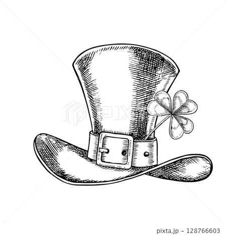 Leprechaun cylinder with a shamrock. Vector, black and white graphic illustration. Conceptual design for St. Patrick s Day. For greeting cards, banners and flyers, packaging, invitation, festive decor 128766603