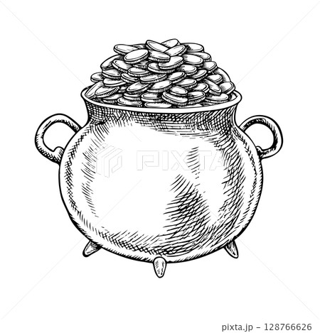 Cast iron pot with coins for St. Patrick s Day. Vector, black and white graphic illustration. For greeting cards, banners and flyers, packaging, invitations, holiday decor, and more. Cast iron pot with coins for St. Patrick s Day. Vector, black and white graphic illustration. For greeting cards, banners and flyers, packaging, invitations, holiday decor, and more. 128766626