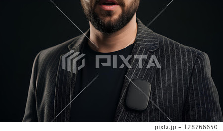 Blank voice-command badge worn mockup on blazer, isolated 128766650