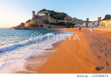 Morning beach at Vila Vella in Tossa de Mar, Spain Morning beach at Vila Vella in Tossa de Mar, Spain 128766674
