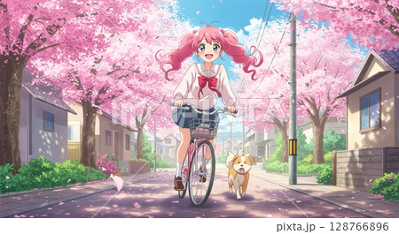 春爛漫の通学路！桜並木を自転車で走る笑顔の女子高生 128766896