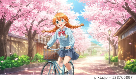 桜舞う青春！笑顔で通学する女子高生の春 128766897