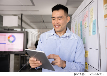 Businessman making edits to project plan using tablet 128766955