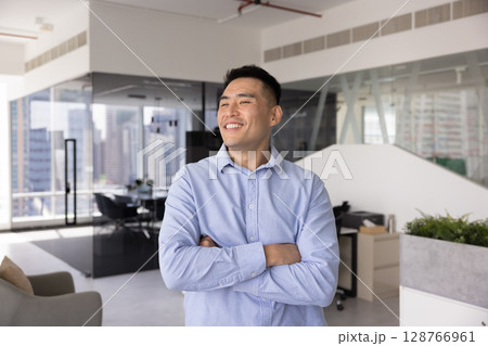 Happy Asian businessman dreaming about future opportunities or business perspectives Happy Asian businessman dreaming about future opportunities or business perspectives 128766961
