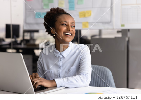Woman feel satisfied with work result, new opportunities, career growth 128767111