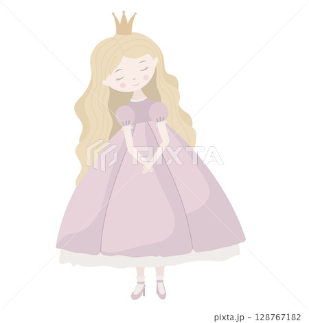 Vector illustration of a little Princess in pastel pink dress with crown and blonde hair. Art of girl for kids birthday party invitation or fairytale greeting cards. Fantasy drawing for nursery poster Vector illustration of a little Princess in pastel pink dress with crown and blonde hair. Art of girl for kids birthday party invitation or fairytale greeting cards. Fantasy drawing for nursery poster 128767182