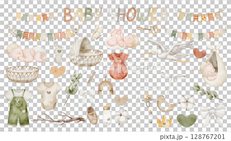Watercolor set of Baby shower elements in neutral tones: Babies, clothes, accessories, stork, and garlands. Drawing for newborn invitations and childish party greeting card. Art of Infants for nursery 128767201