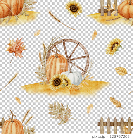 Watercolor seamless Pattern with pumpkins, wheels, sunflowers, and leaves on isolated background. Illustration of rustic fall backdrop for seasonal packaging or textiles. Art for autumn design. 128767205