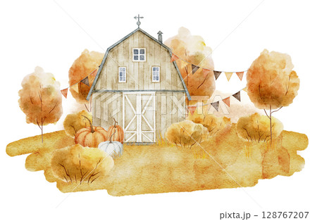 Watercolor landscape with wooden barn, pumpkins and orange autumn trees. Drawing of rustic building and fall plants for rural countryside scenes and seasonal farm projects on isolated background. 128767207