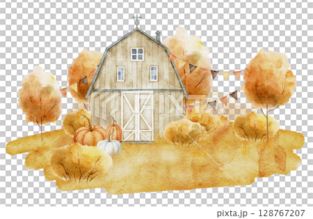 Watercolor landscape with wooden barn, pumpkins and orange autumn trees. Drawing of rustic building and fall plants for rural countryside scenes and seasonal farm projects on isolated background. 128767207