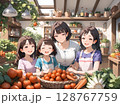 トマトやにんじんなど色とりどりの野菜。笑顔の女性とかご。 128767759
