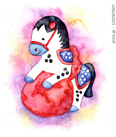 水彩画 郷土玩具 玉乗り馬 水彩画 郷土玩具 玉乗り馬 128767887