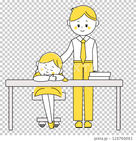 疲れて眠った女性を見守るビジネスマンのイラスト 128768081