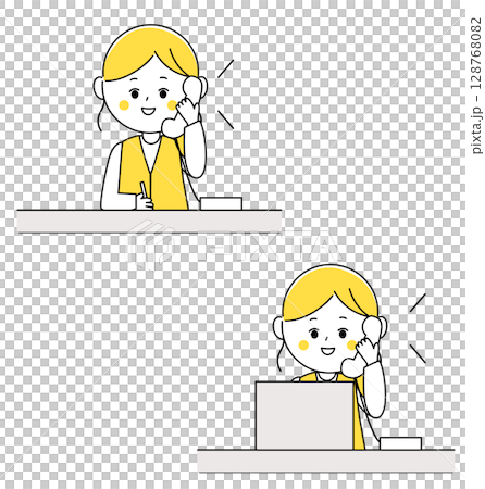 電話で話しながら仕事をする女性のイラスト 128768082