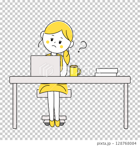 パソコンの前で首をかしげるビジネスウーマンのイラスト 128768084
