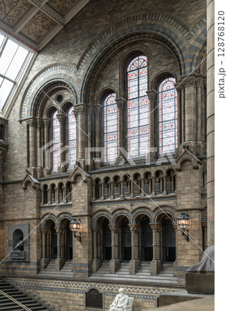 The intricate stained glass are set within richly detailed stonework walls, allowing natural light to illuminate the Hintze Hall at the Natural History Museum. The intricate stained glass are set within richly detailed stonework walls, allowing natural light to illuminate the Hintze Hall at the Natural History Museum. 128768120