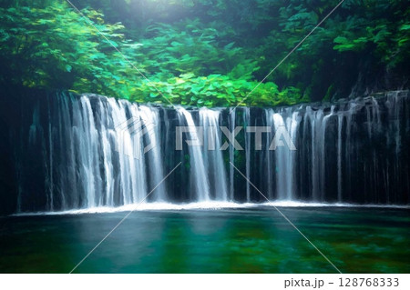夏の涼しく美しい滝と渓流の水彩画 128768333