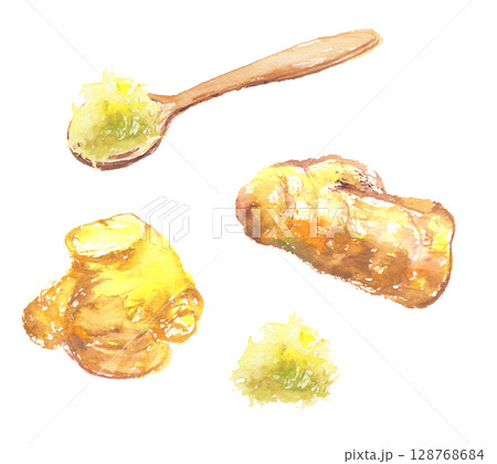 水彩で描いた生姜のイラストセット 128768684