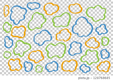手描き風カラフル抽象パターン背景素材｜雲・吹き出し・図形が並ぶポップなデザイン 128768685