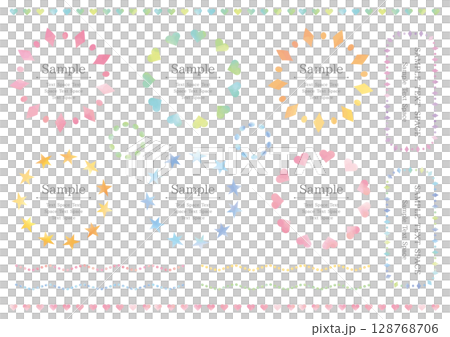 かわいい水彩の円形と長方形フレーム8点と飾り線のセット 128768706