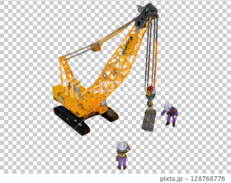 建設土木工事現場でクローラークレーンで玉掛け作業の安全確認をする作業員 建設土木工事現場でクローラークレーンで玉掛け作業の安全確認をする作業員 128768776