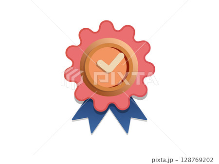 Pink Award Badge with Blue Ribbon and Checkmark 128769202