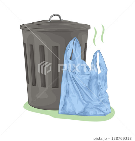 Illustration of Plastic Bag and Trash Bin 128769318