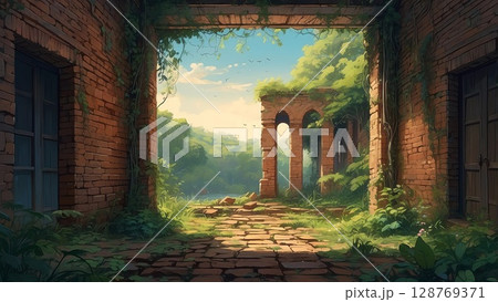 ゲーム背景　古代遺跡の廃墟となったお城の壁と自然風景 128769371