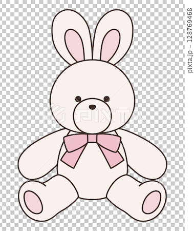 Vector illustration of a cute stuffed rabbit with a ribbon. Rabbit, icon 128769468