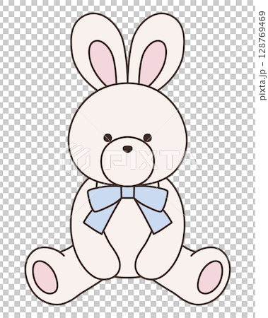 Vector illustration of a cute stuffed rabbit with a ribbon. Rabbit, icon 128769469