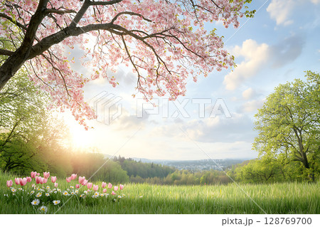 Serene Landscape with Cherry Blossom Tree and Colorful Tulips under Clear Sky 128769700