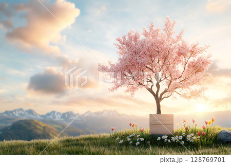 Blossoming Cherry Tree in a Scenic Landscape with Colorful Flowers and Mountains Blossoming Cherry Tree in a Scenic Landscape with Colorful Flowers and Mountains 128769701